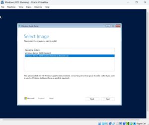 Image of Windows Server 2025 Being installed in Oracle Virtual Box